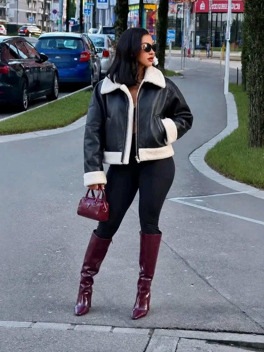 Veste cuir noir doublure sherpa blanc 2