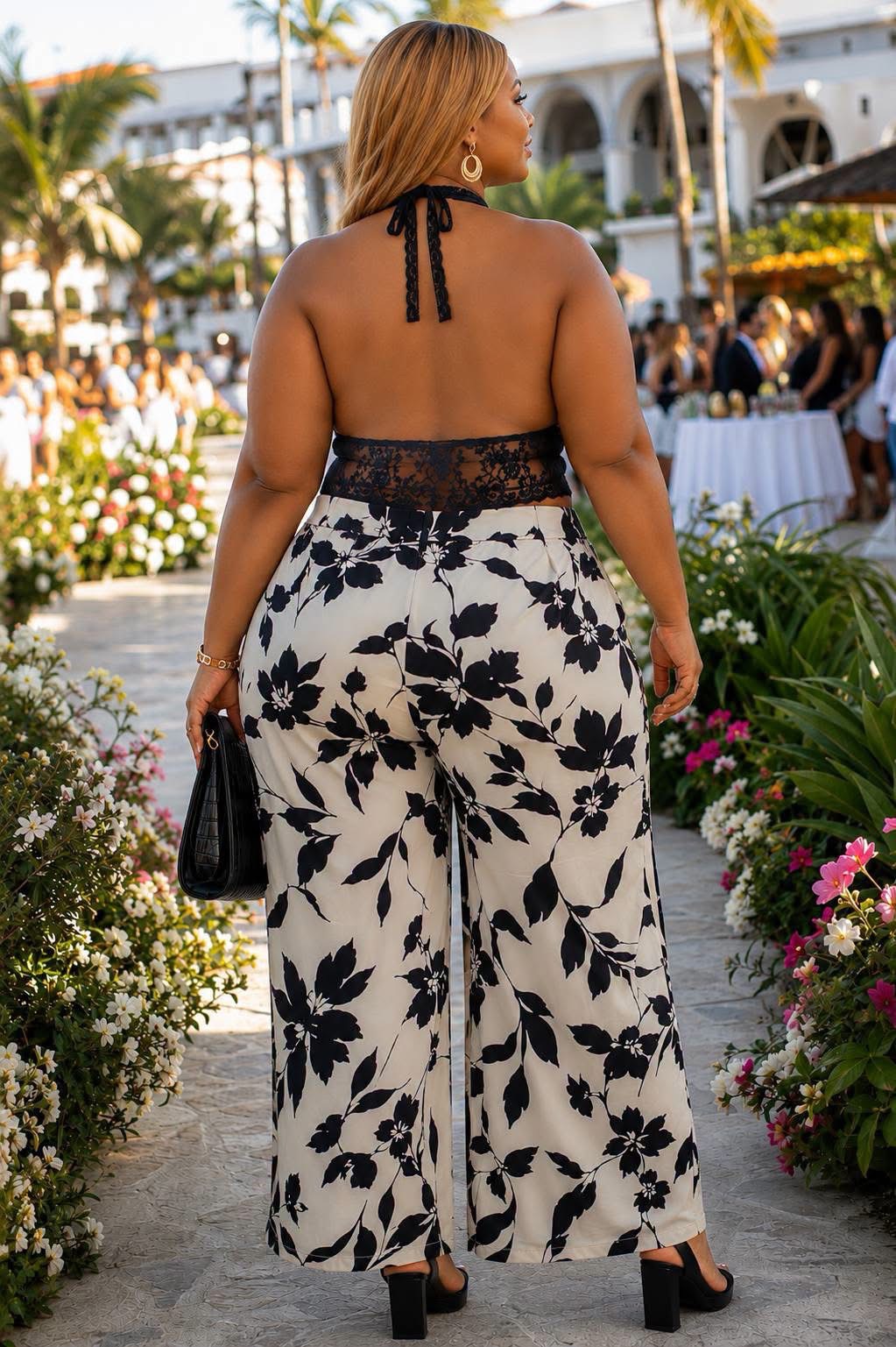 Pantalon large fleurs noir crème 2