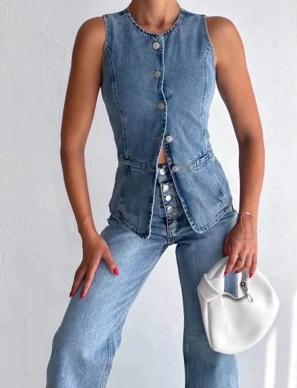 Gilet jean bleu clair sans manches 3