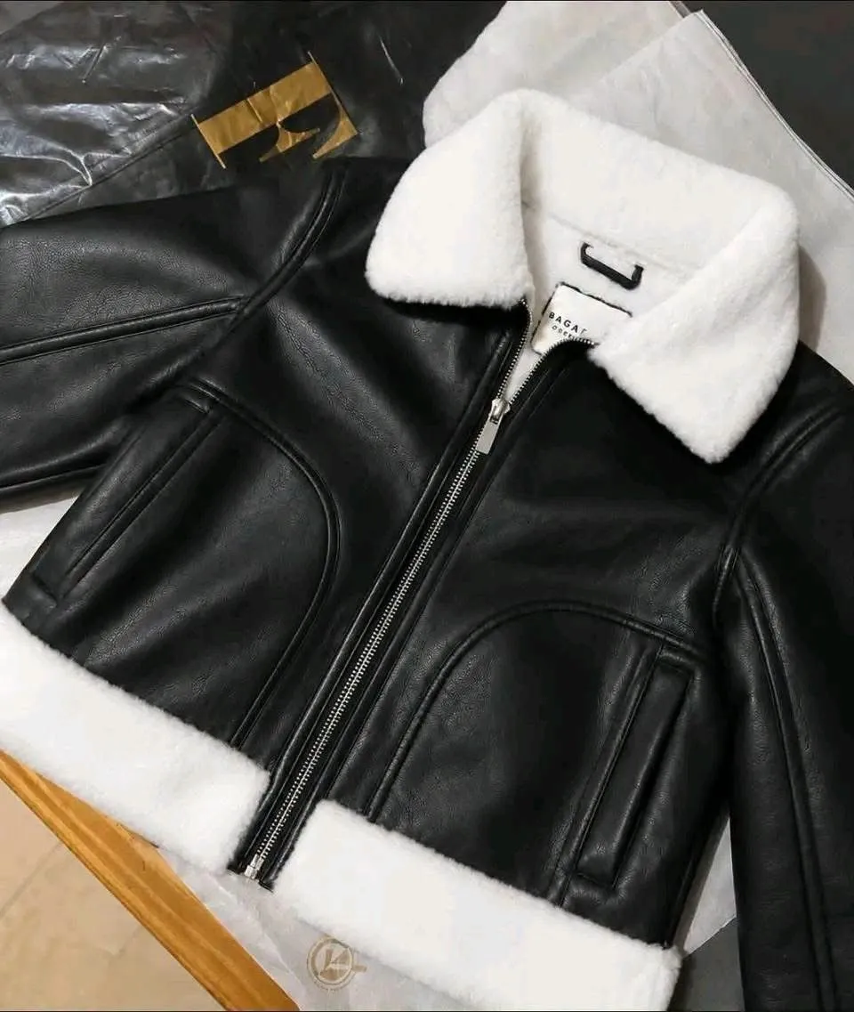 Veste cuir noir doublure sherpa blanc