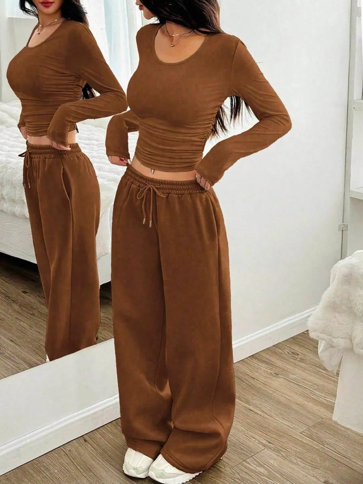 Ensemble deux pièces marron crop top pantalon