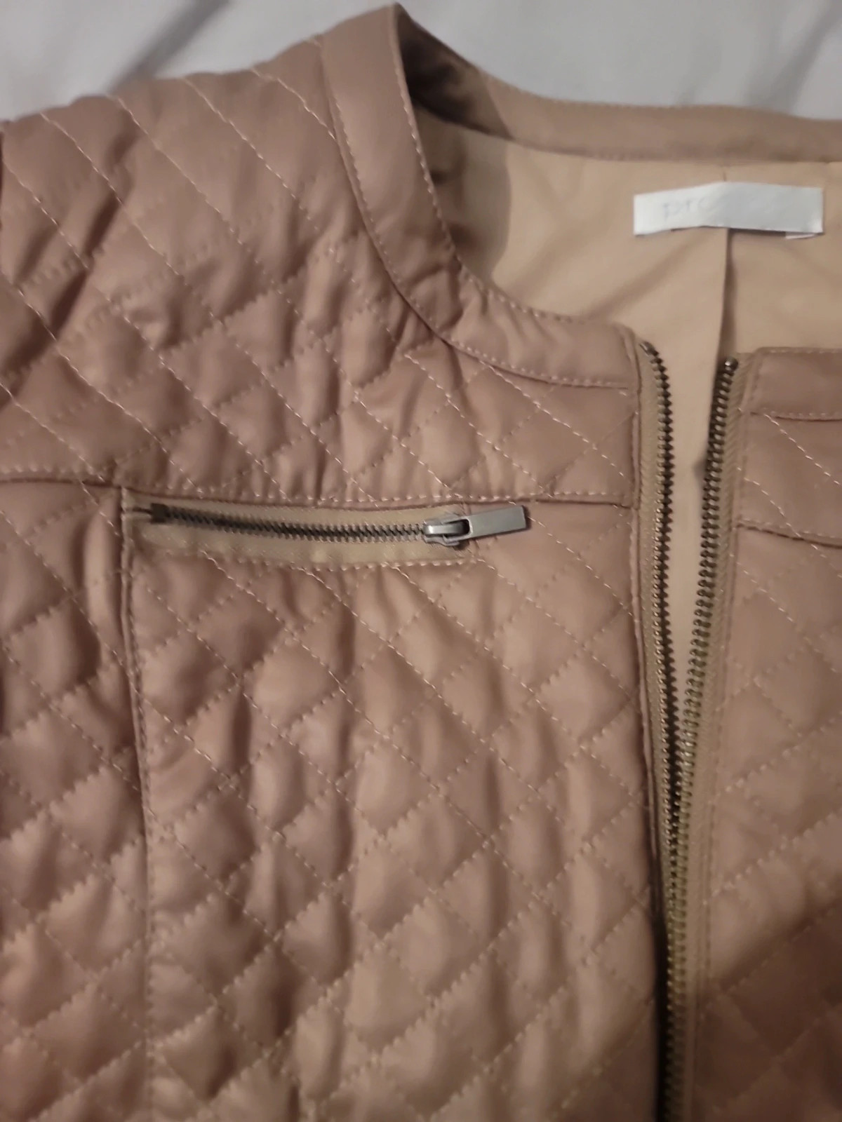Veste Matelassée Beige / Camamel en Simili Cuir – Style Biker Sans Col – Promod – taille L / 40 / 12 3