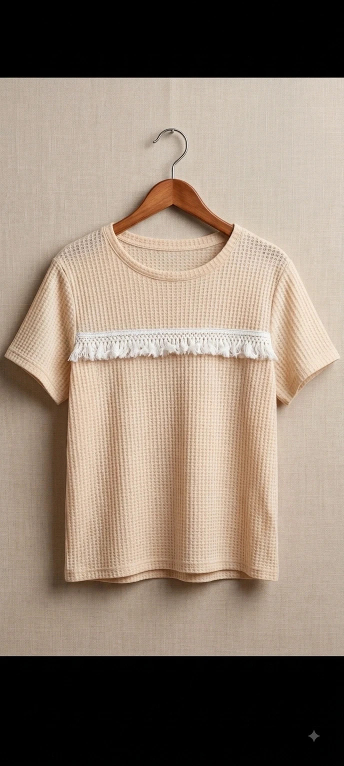Camiseta / Blusa Beige Texturizada con Flecos Boho (Talla XL) – Shein – taille XL / 42 / 14