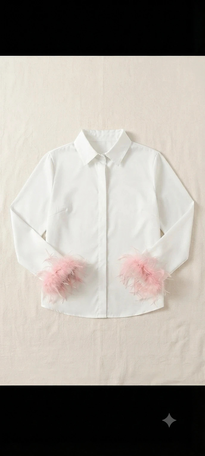 Camisa blanca elegante con puños de plumas rosas – Shein Curve – taille XL / 42 / 14