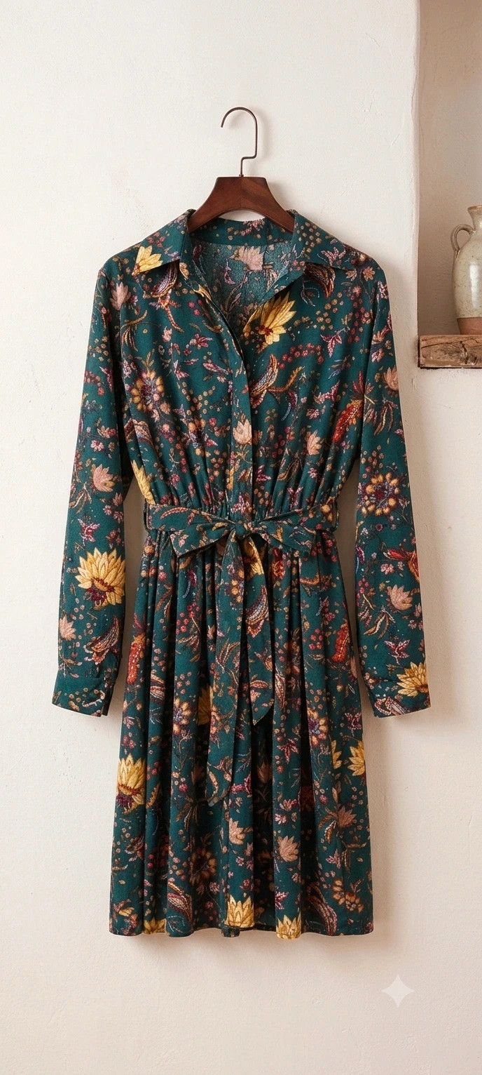 Vestido Midi Boho Chic Verde Floral (Cuello Camisero) – CRFS – taille XL / 42 / 14 2