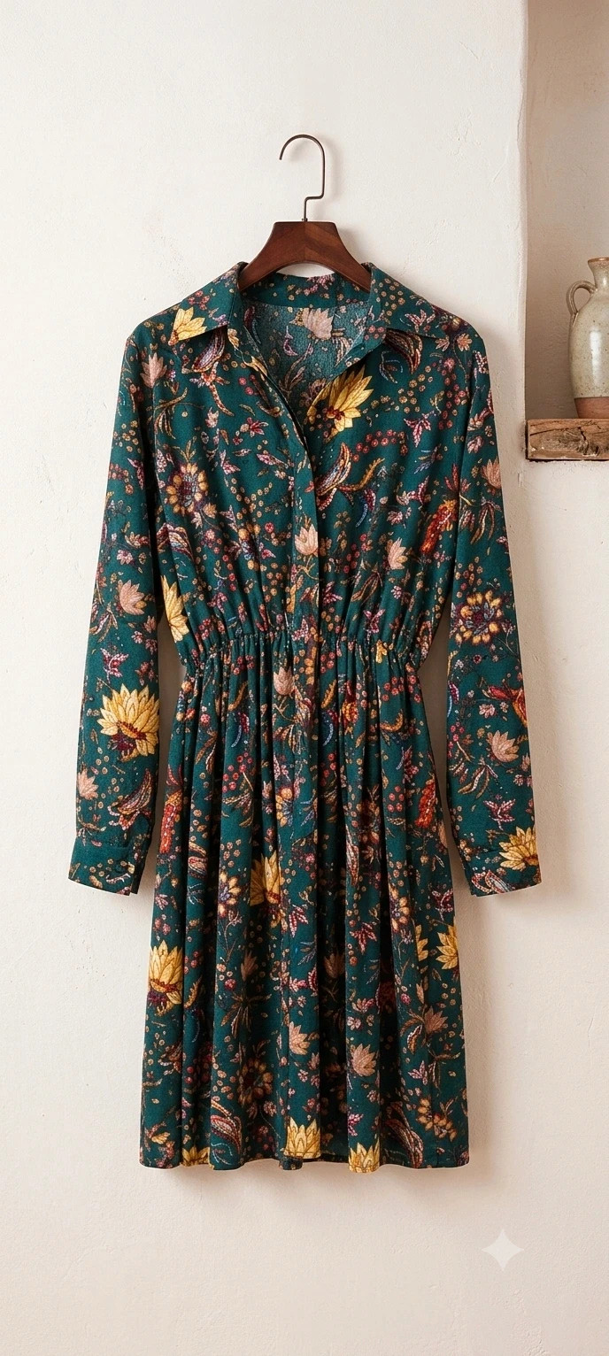 Vestido Midi Boho Chic Verde Floral (Cuello Camisero) – CRFS – taille XL / 42 / 14 3