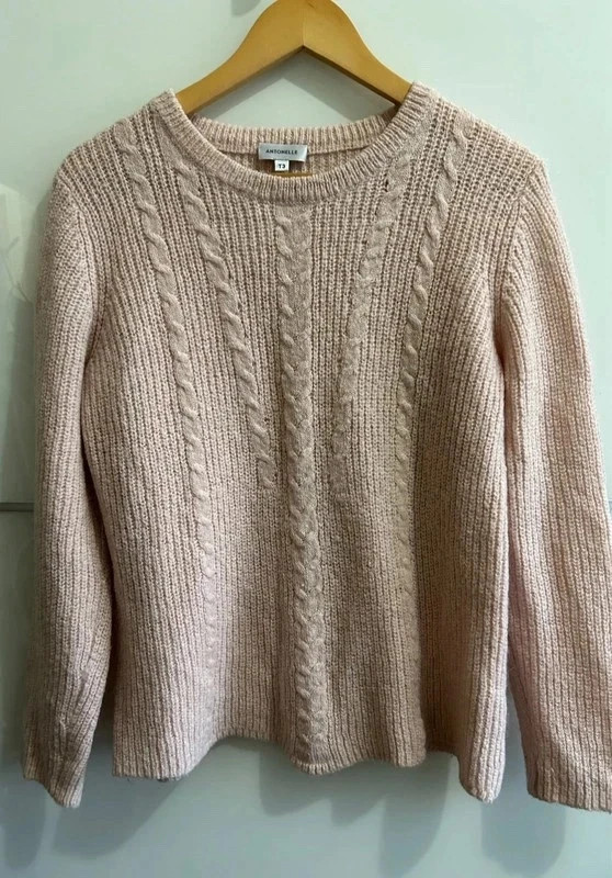 Pull Doux merinos mohair torsadé rose poudré T40 – Antonelle – taille L / 40 / 12 3