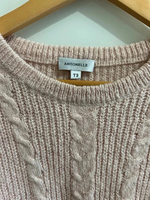 Pull Doux merinos mohair torsadé rose poudré T40 – Antonelle – taille L / 40 / 12 4