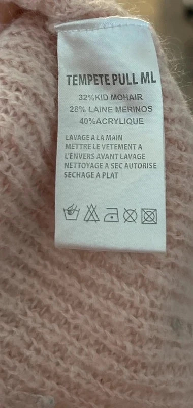 Pull Doux merinos mohair torsadé rose poudré T40 – Antonelle – taille L / 40 / 12 5
