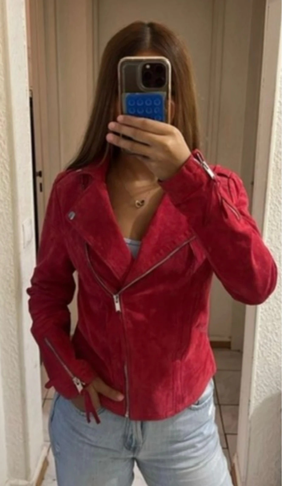 Veste Vila XS 100% cuir rouge perfecto biker tendance