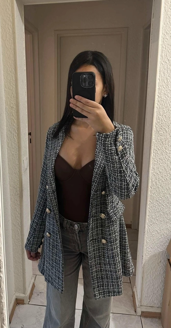 Veste longue 36 noir blanc tweed boutons dorés chic tendance – Shein – taille S / 36 / 8