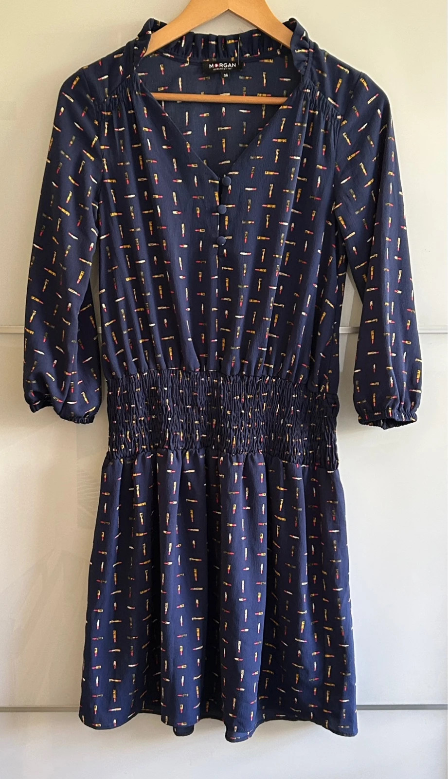 Robe Morgan 36 bleu marine manches longues fluide taille smockée mi-saison