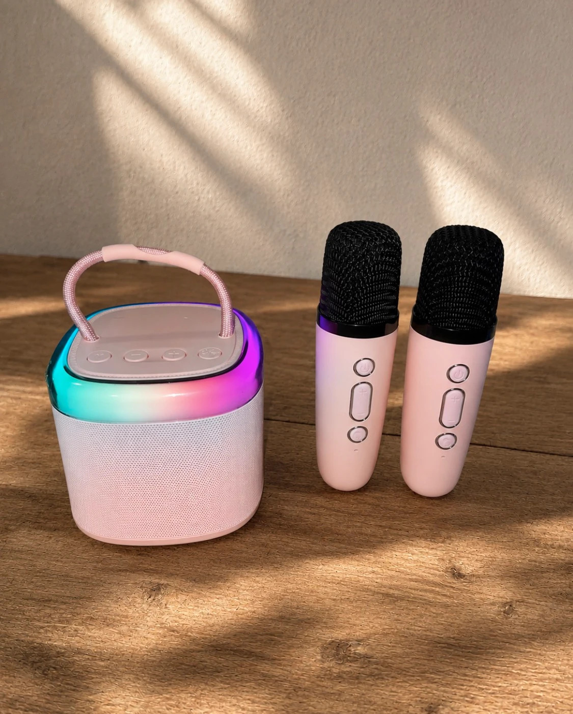 Mini Portable Bluetooth Karaoke • 2 Wireless Microphones • RGB Led Lights • Pink