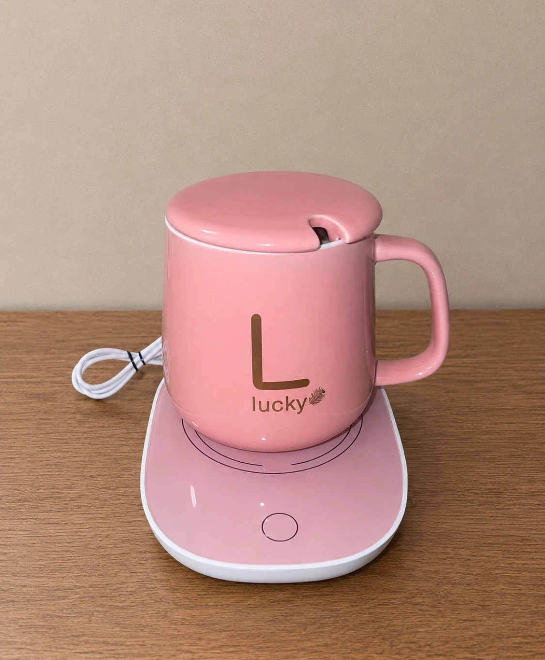 Pink electric warming cup with base and lid • New – Lucky