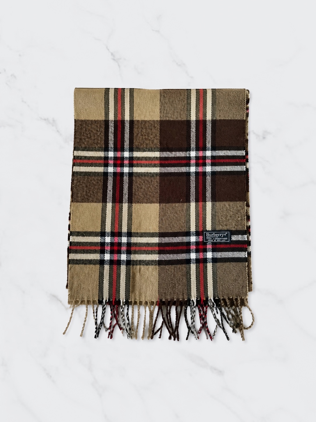 Écharpe Burberrys vintage carreaux camel marron franges