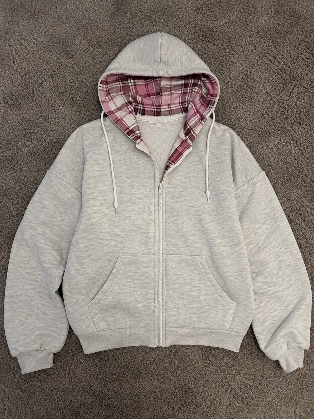 Sweat zip capuche gris chiné doublure tartan rose/bordeaux – Japan style – taille M 3
