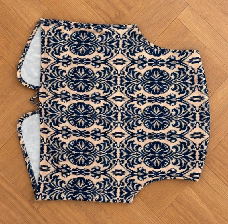 Gilet sans manches femme bleu marine et beige à motifs – Style bohème chic – Tendance – taille M / 38 / 10 3