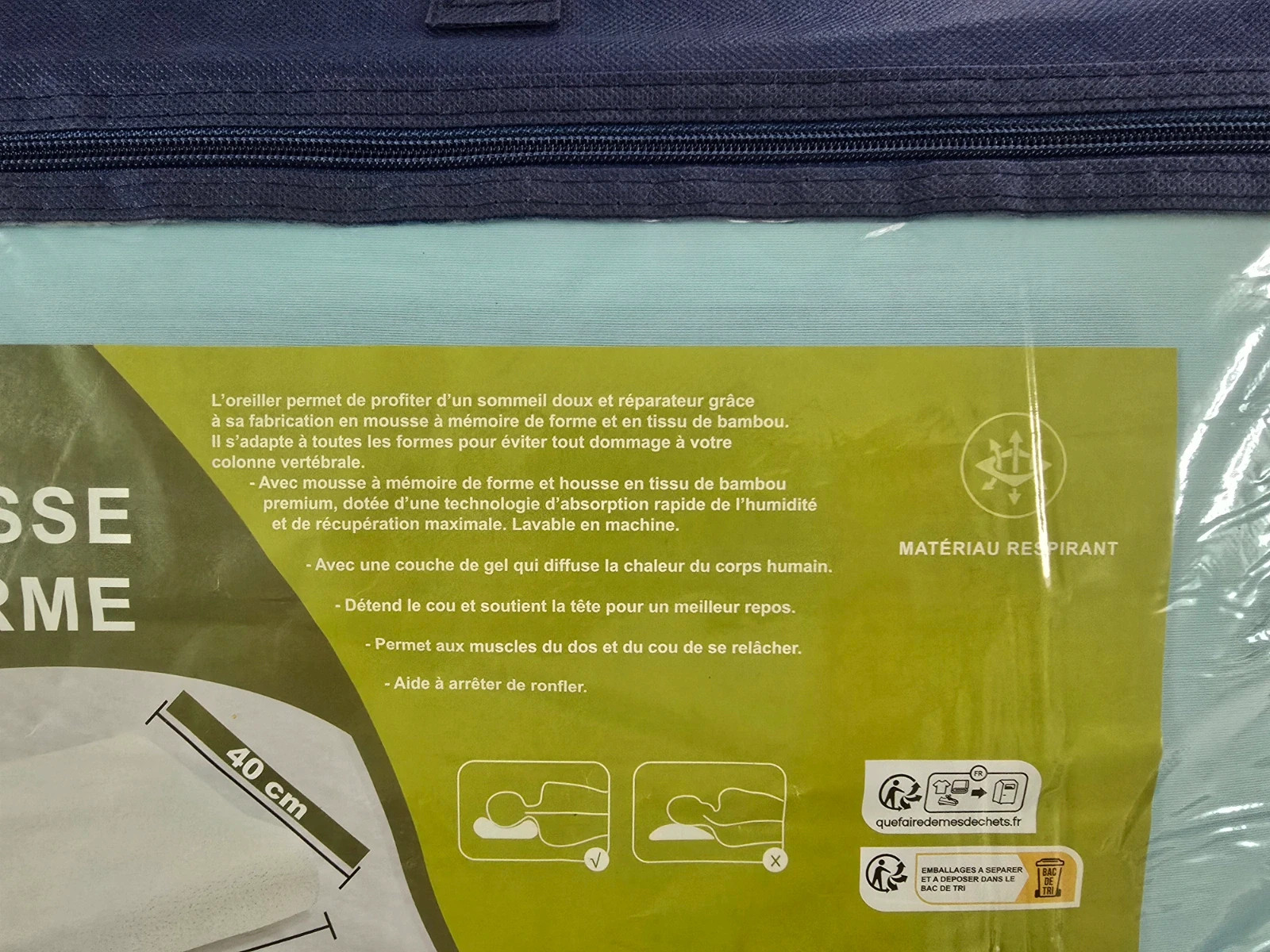 Oreiller à mémoire de forme ergonomique avec gel rafraîchissant 60x40 2