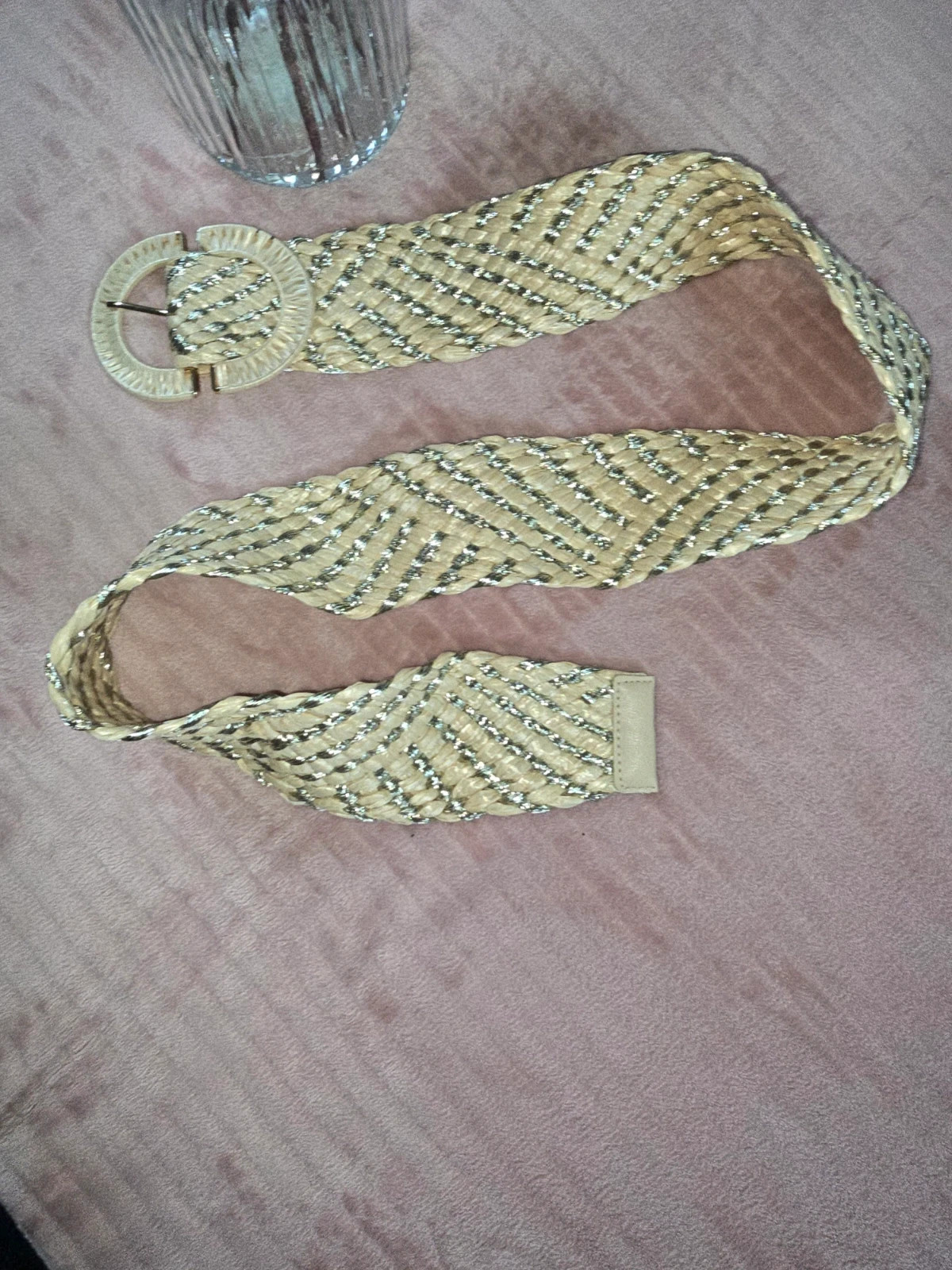 Ceinture tressée dorée et beige - Style paille / raphia 100 cm – taille 100 cm 4