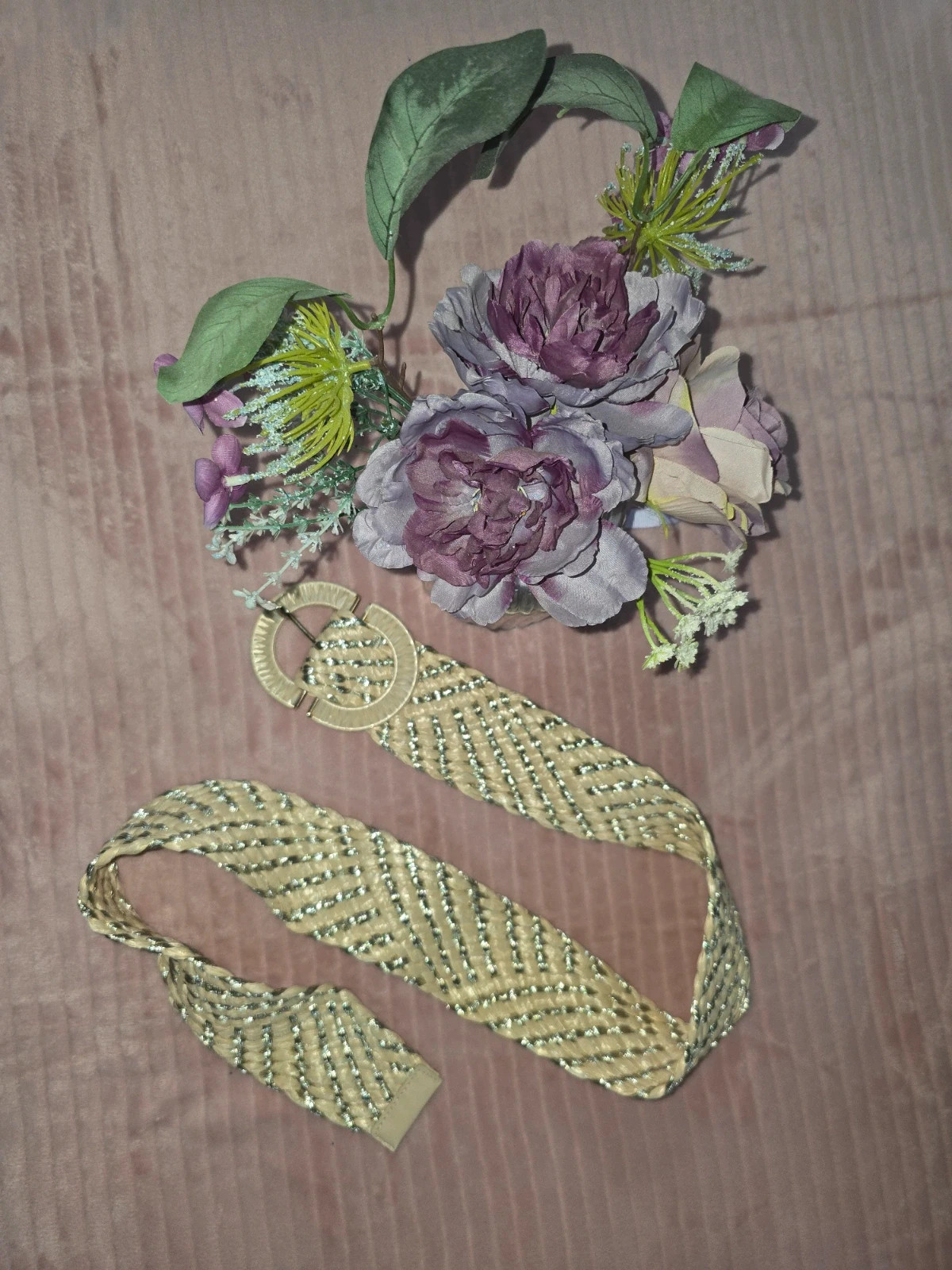 Ceinture tressée dorée et beige - Style paille / raphia 100 cm
