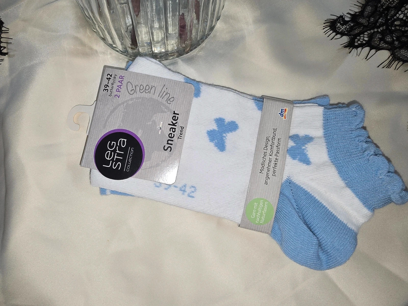 Lot de 2 paires de chaussettes courtes socquettes bleues et blanches à motifs papillons Taille 39-42 – taille 40-42 2