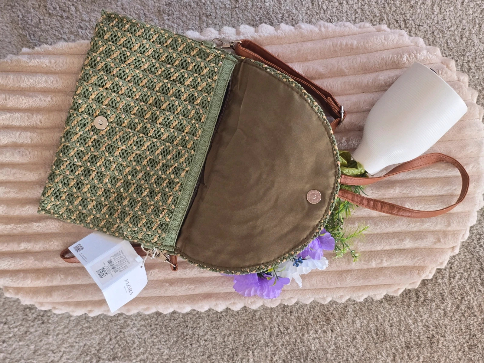 Sac pochette tressé vert kaki & or style raphia FLORA Neuf – Flora 5