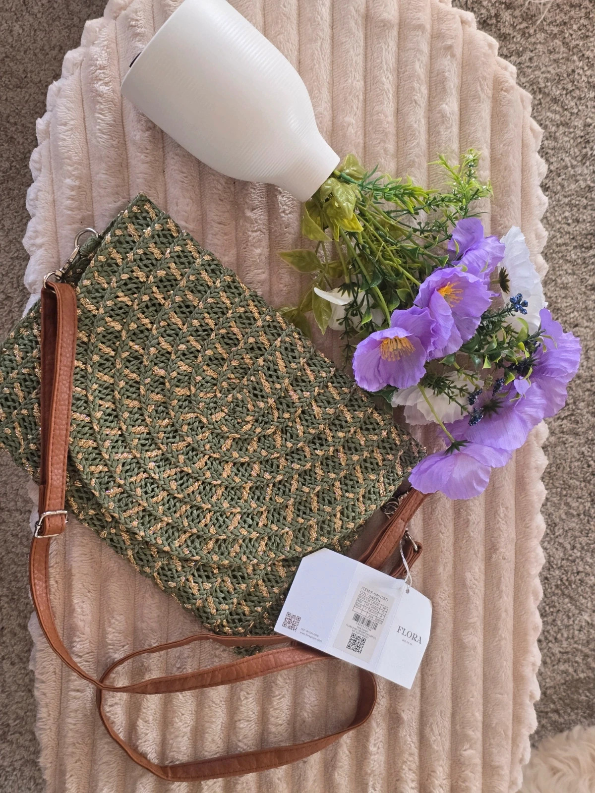 Sac pochette tressé vert kaki & or style raphia FLORA Neuf