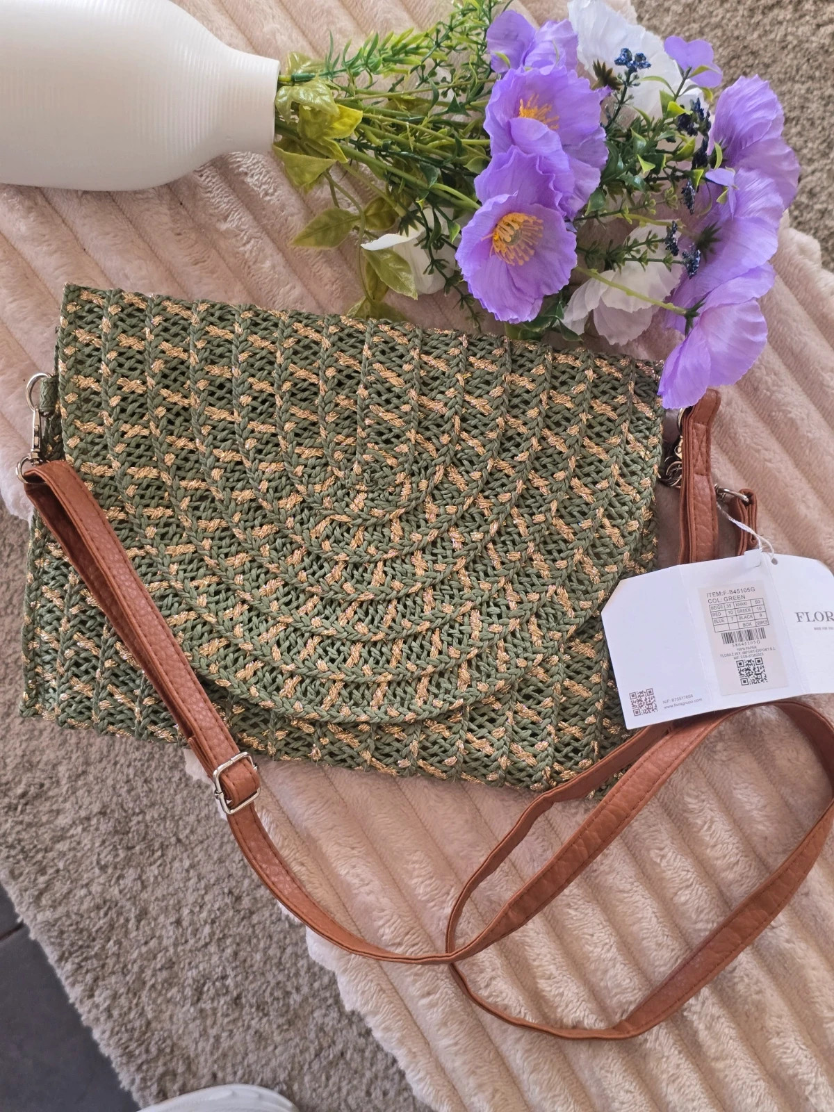 Sac pochette tressé vert kaki & or style raphia FLORA Neuf – Flora 2