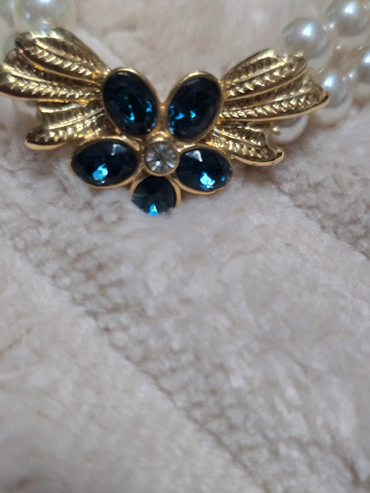 Collier double rang perles d’imitation & motif floral strass bleu Style Vintage – Charm 5
