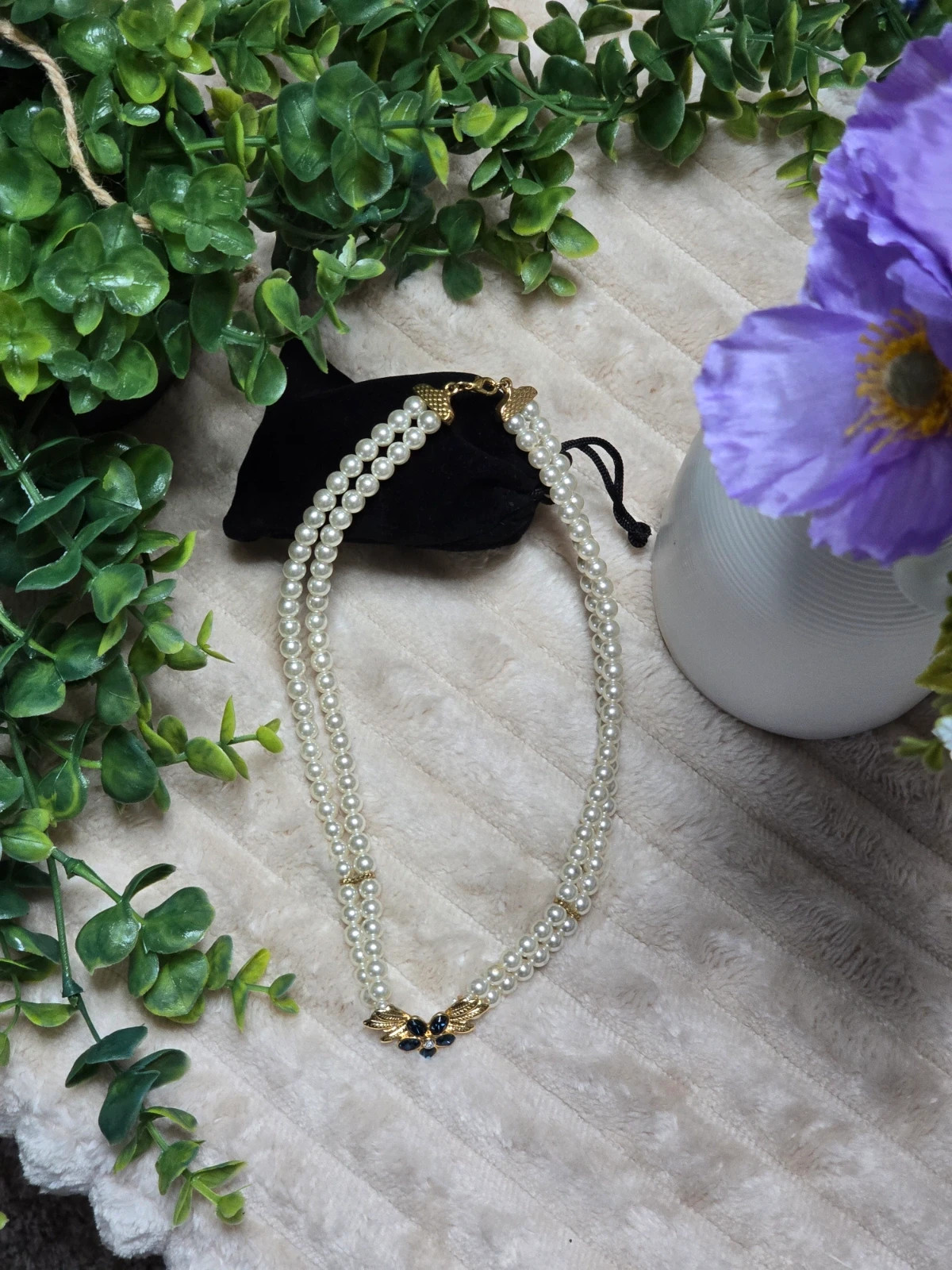 Collier double rang perles d’imitation & motif floral strass bleu Style Vintage – Charm 4