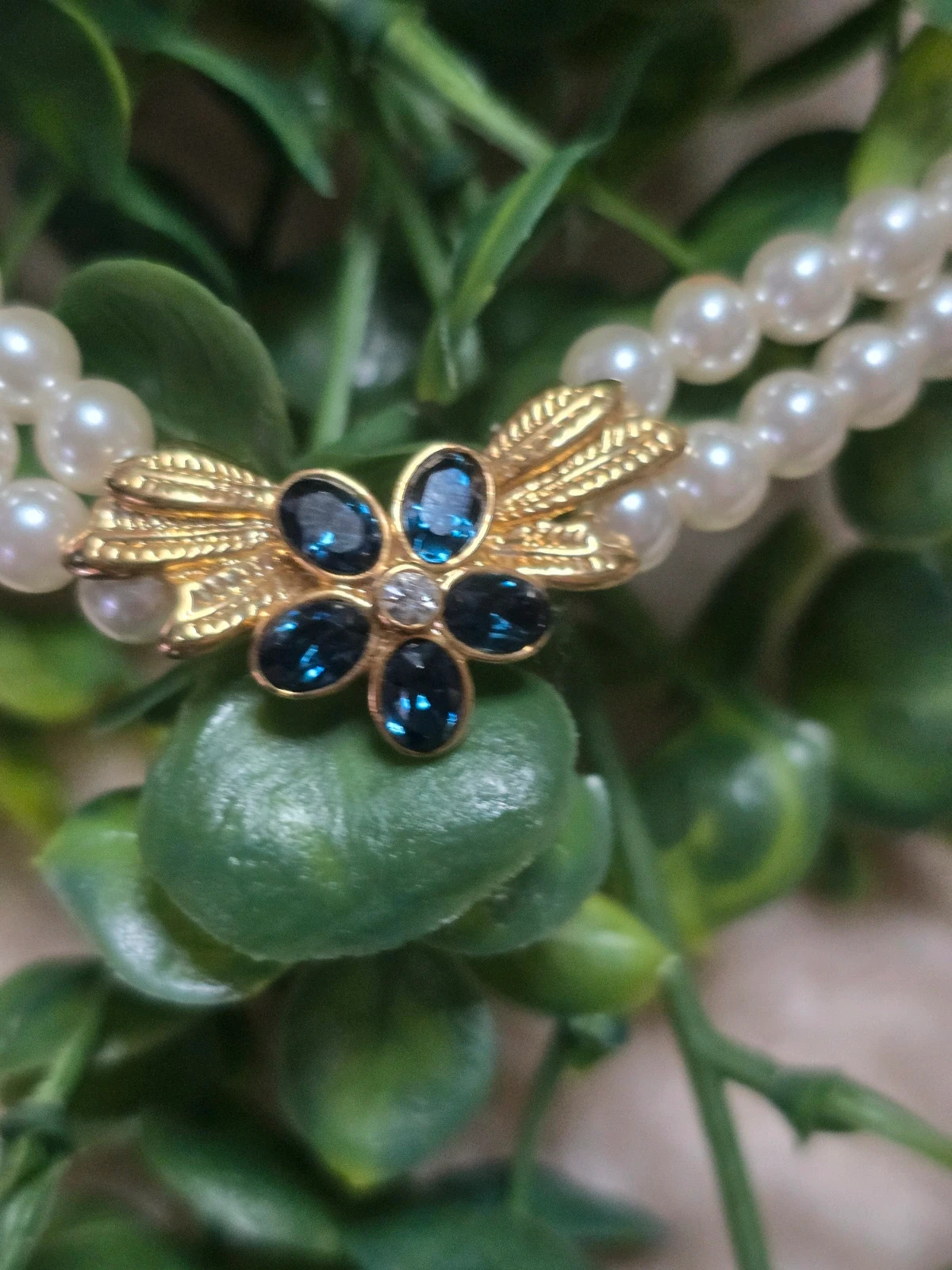 Collier double rang perles d’imitation & motif floral strass bleu Style Vintage