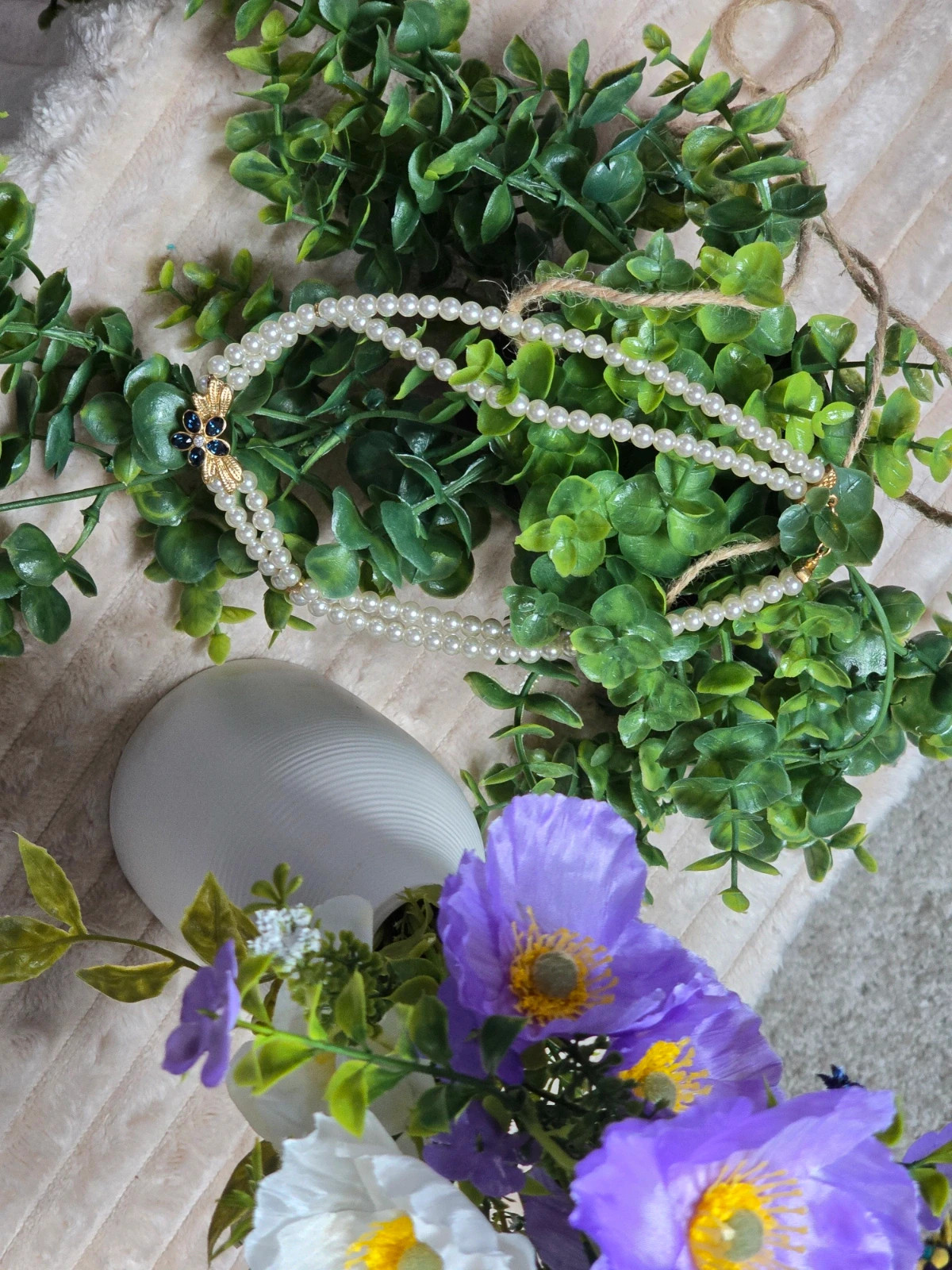 Collier double rang perles d’imitation & motif floral strass bleu Style Vintage – Charm 2