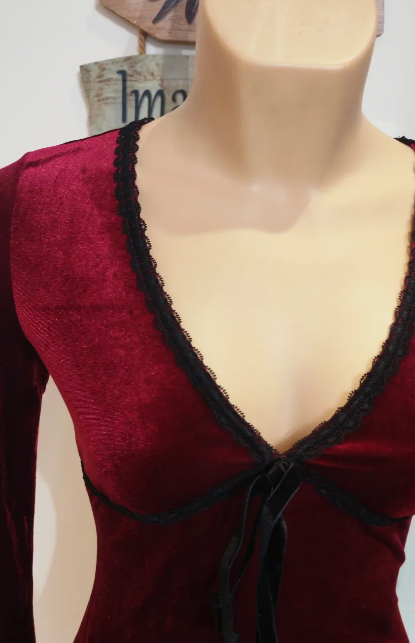 Vestido corto de terciopelo burdeos con encaje – Cider – taille XS 2