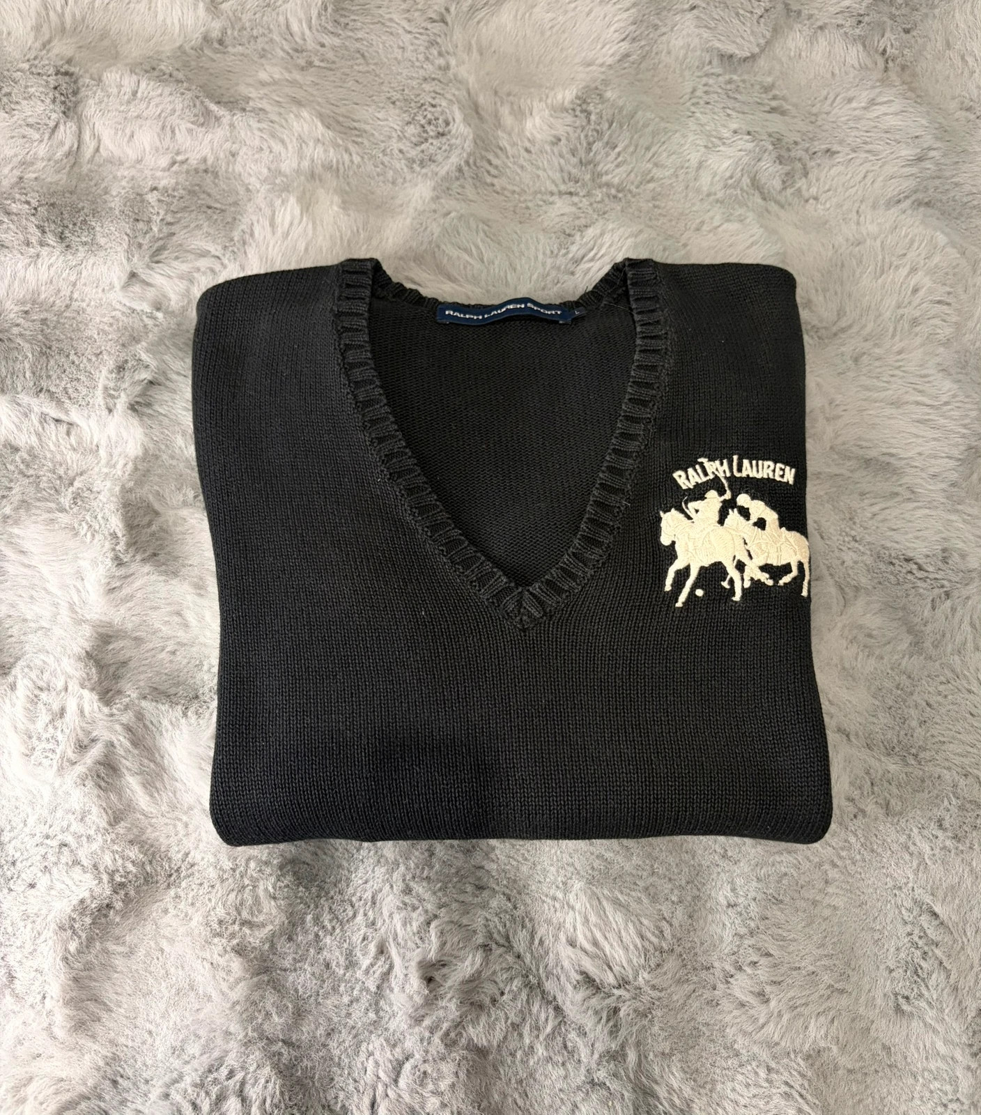 Ralph Lauren pull col V noir Grand logo brodé blanc Taille L Femme