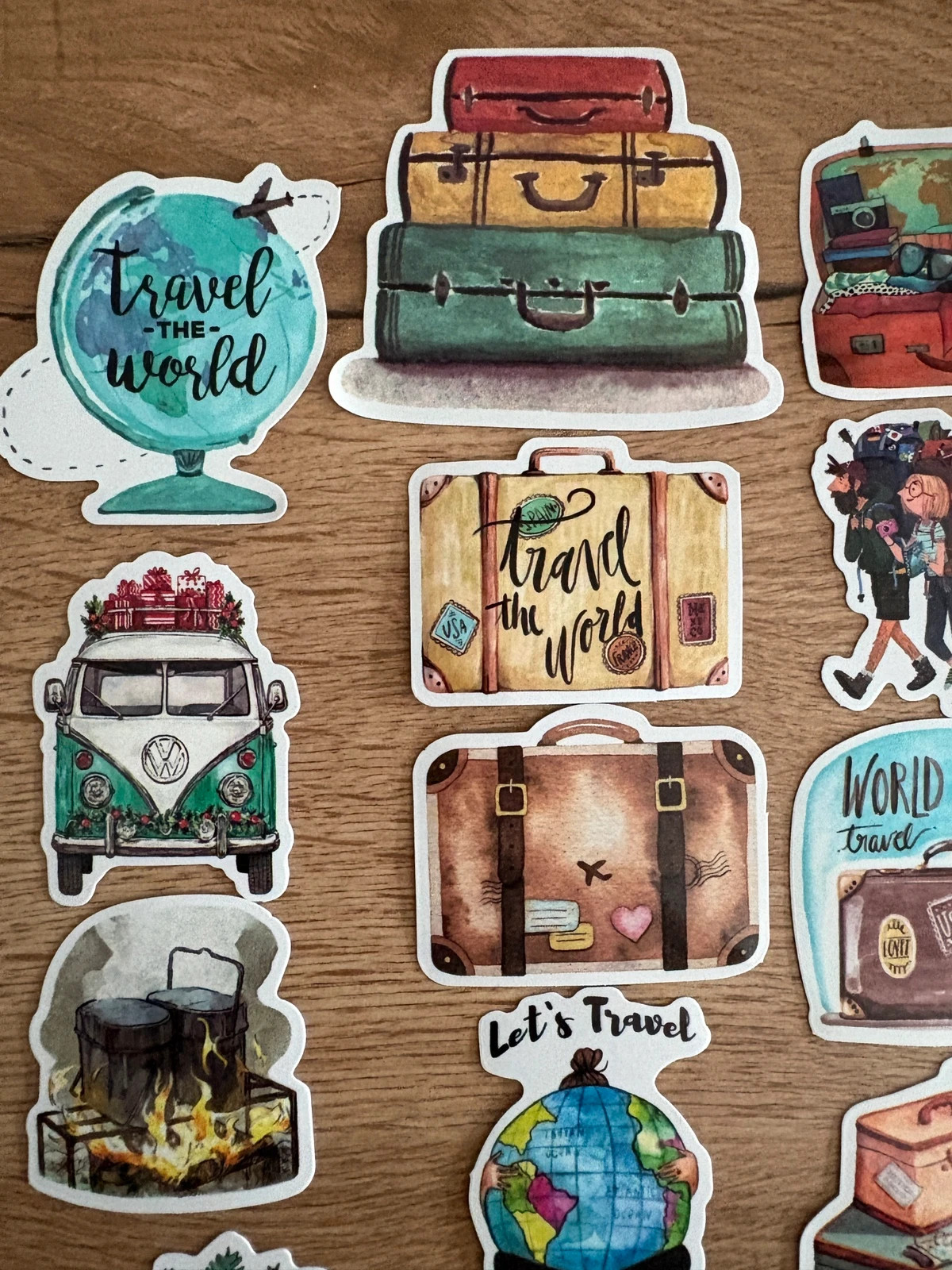Lot de 25 autocollants voyage aquarelle - vanlife, valises, globe 🌍 – Stickers 3