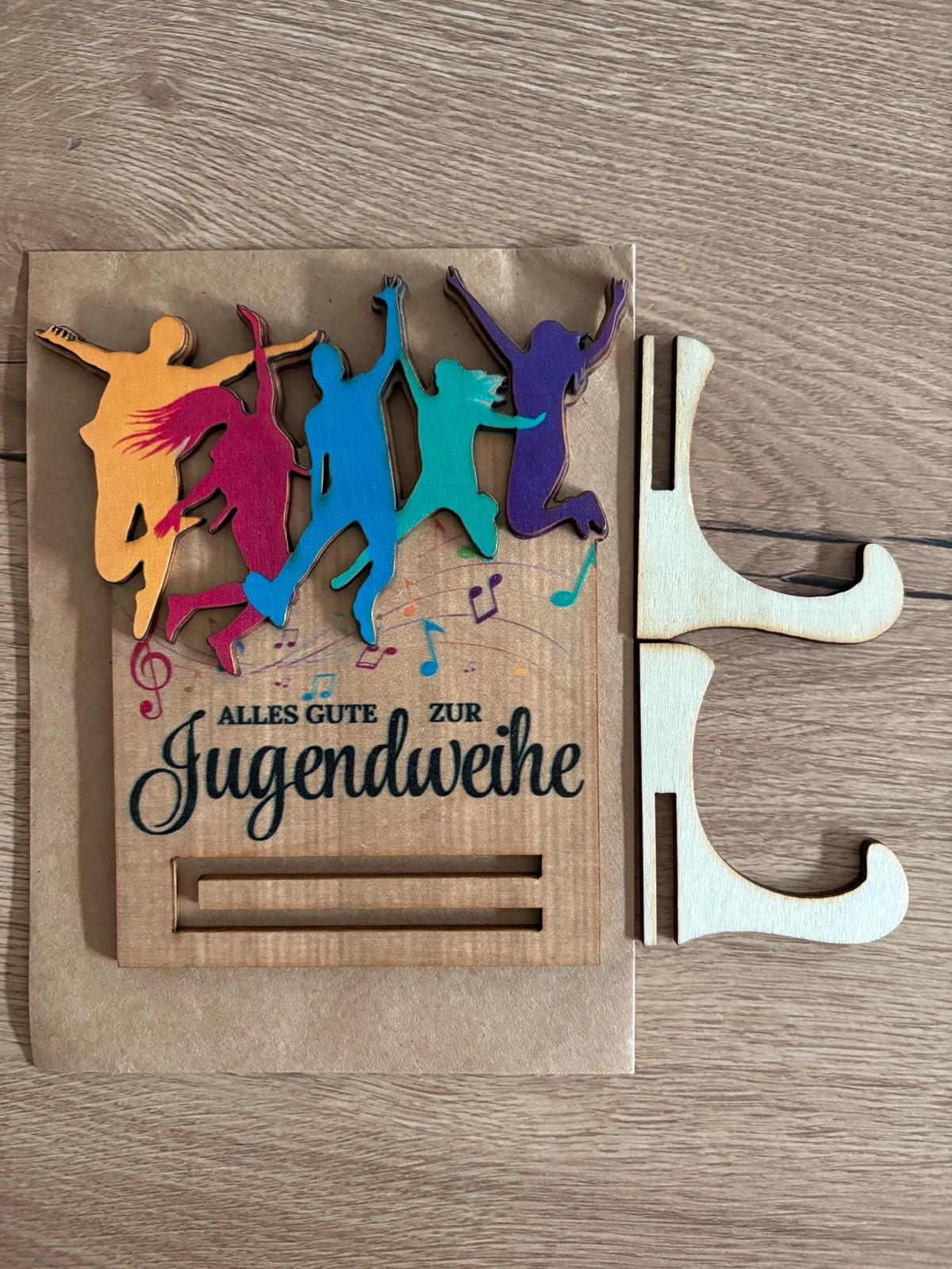 Plaque décorative “Jugendweihe” en bois avec porte-argent + support – No Label