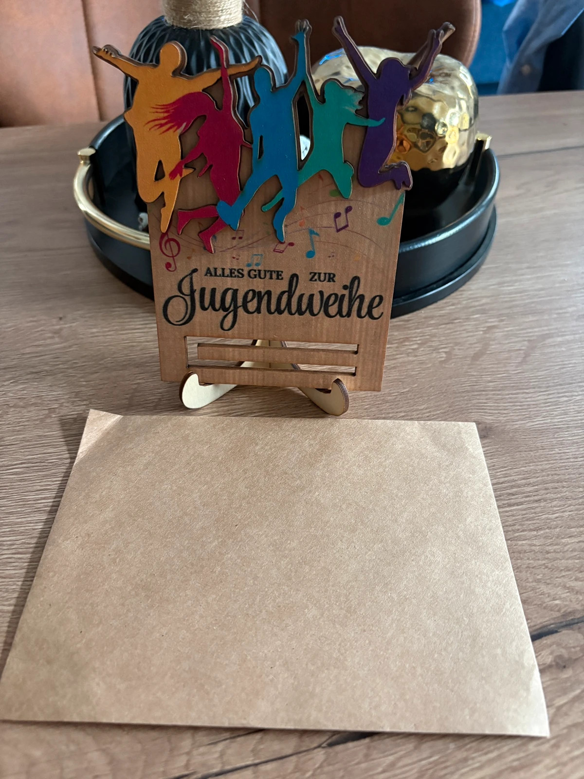 Plaque décorative “Jugendweihe” en bois avec porte-argent + support – No Label 2