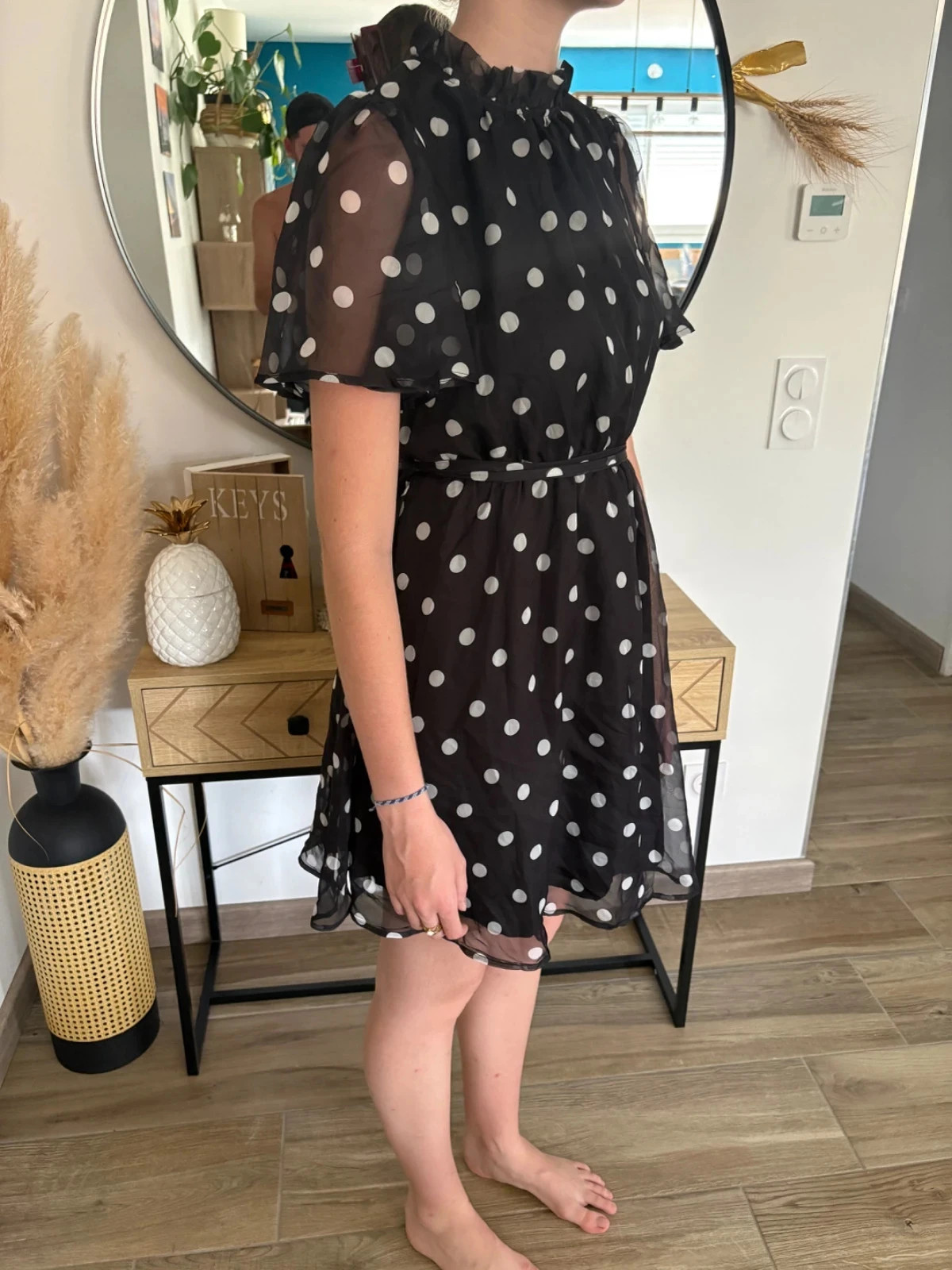 Robe noire à pois blancs SHEIN, manches courtes en voile – Shein – taille S / 36 / 8 3