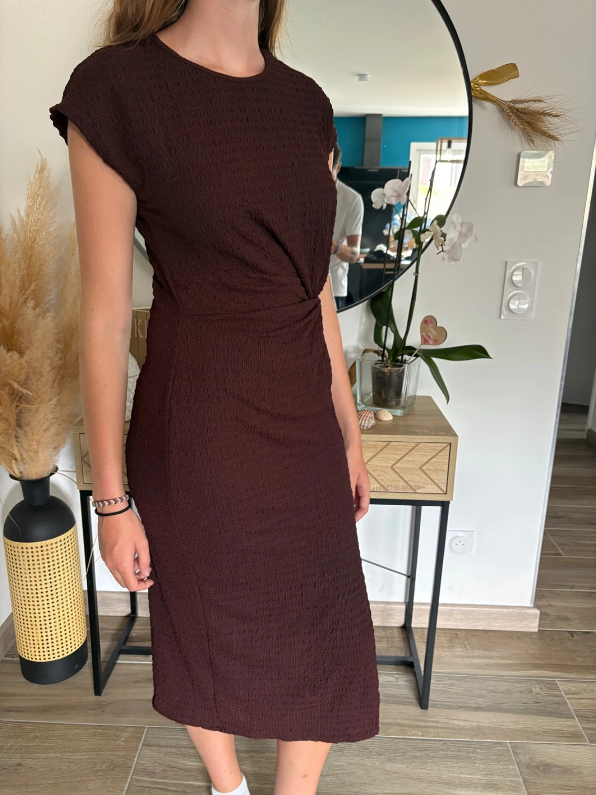 Robe midi marron texturée - marque Shein - effet noué - Taille S – Shein – taille S / 36 / 8 3