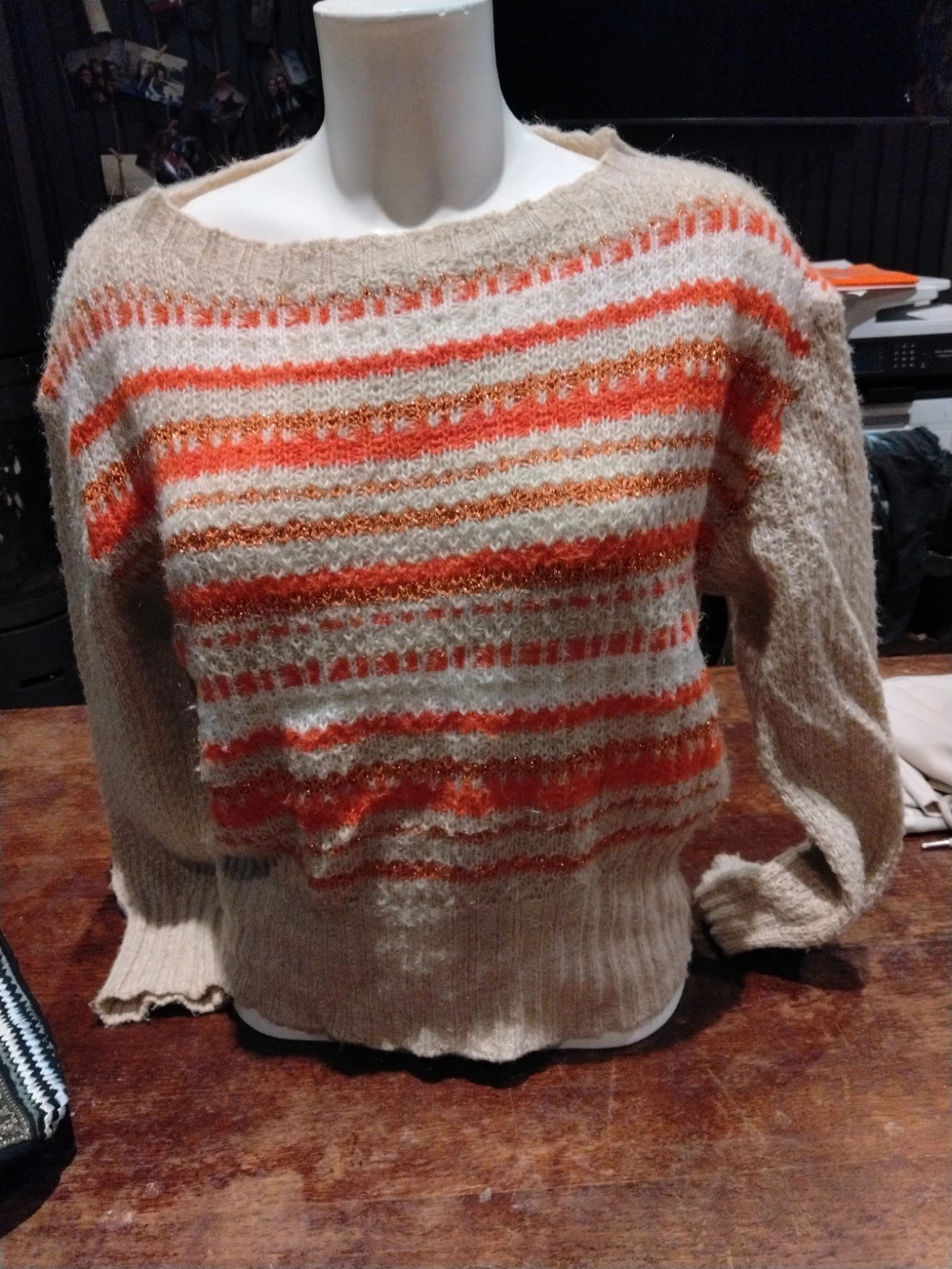 Pull crème à rayures et fils dorés italien – J.X. Pullover – taille Taille unique