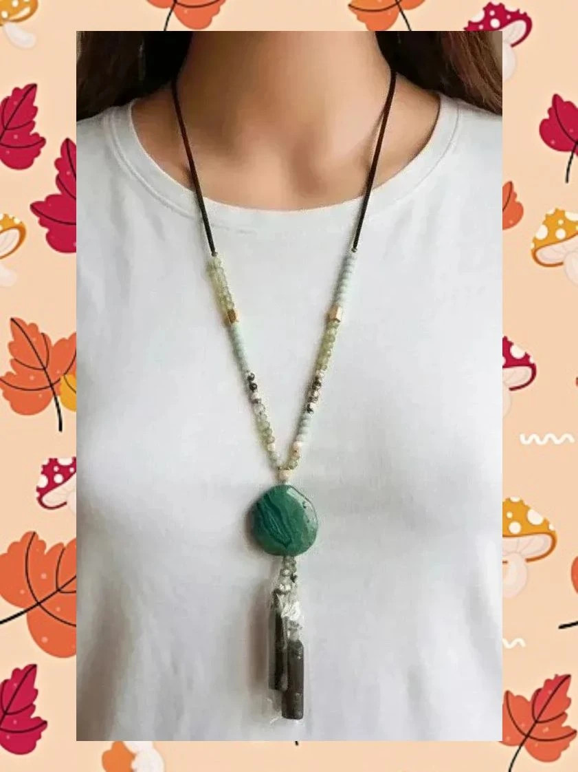 Collar largo estilo Boho con gran Ágata Verde y Acero 3