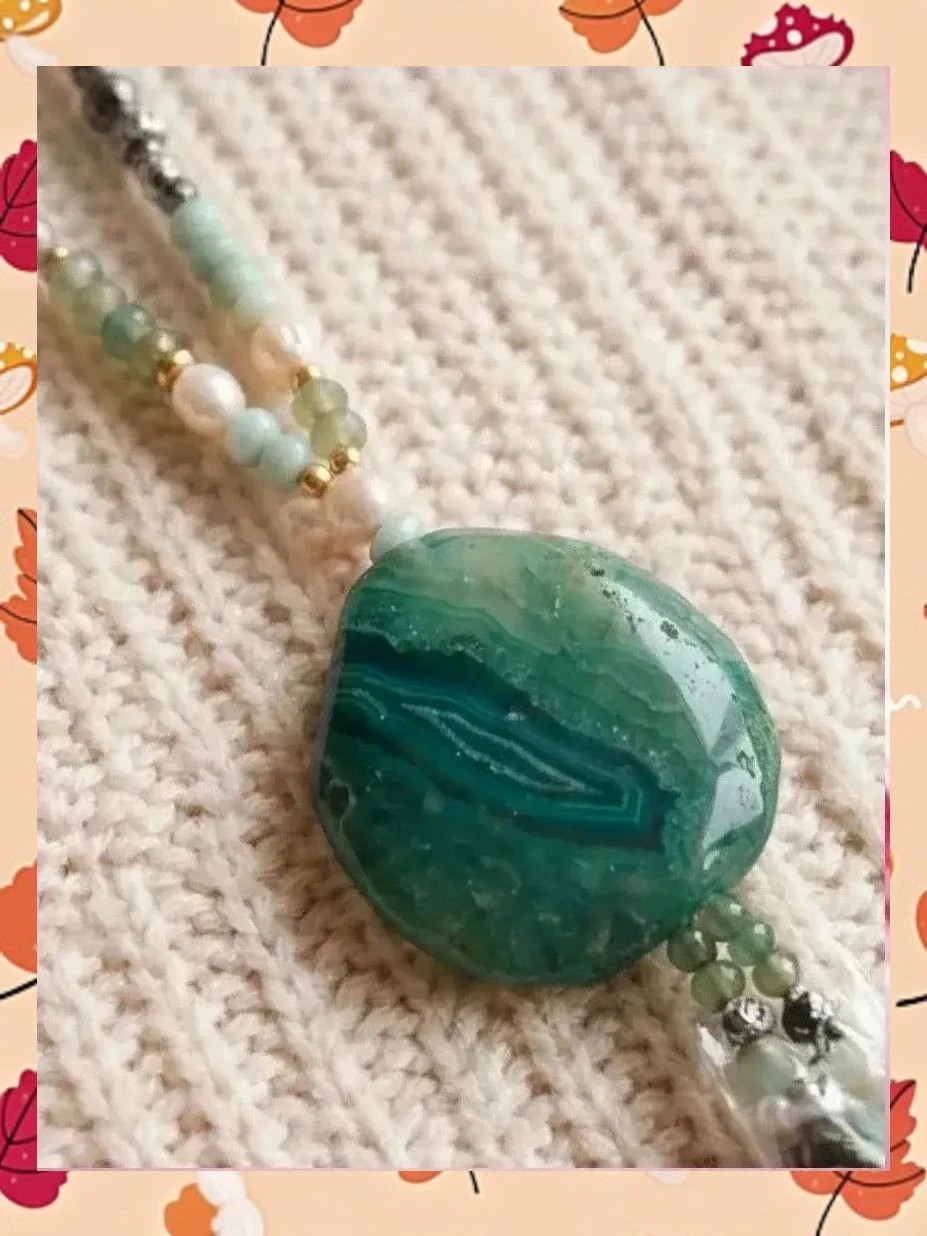 Collar largo estilo Boho con gran Ágata Verde y Acero 2