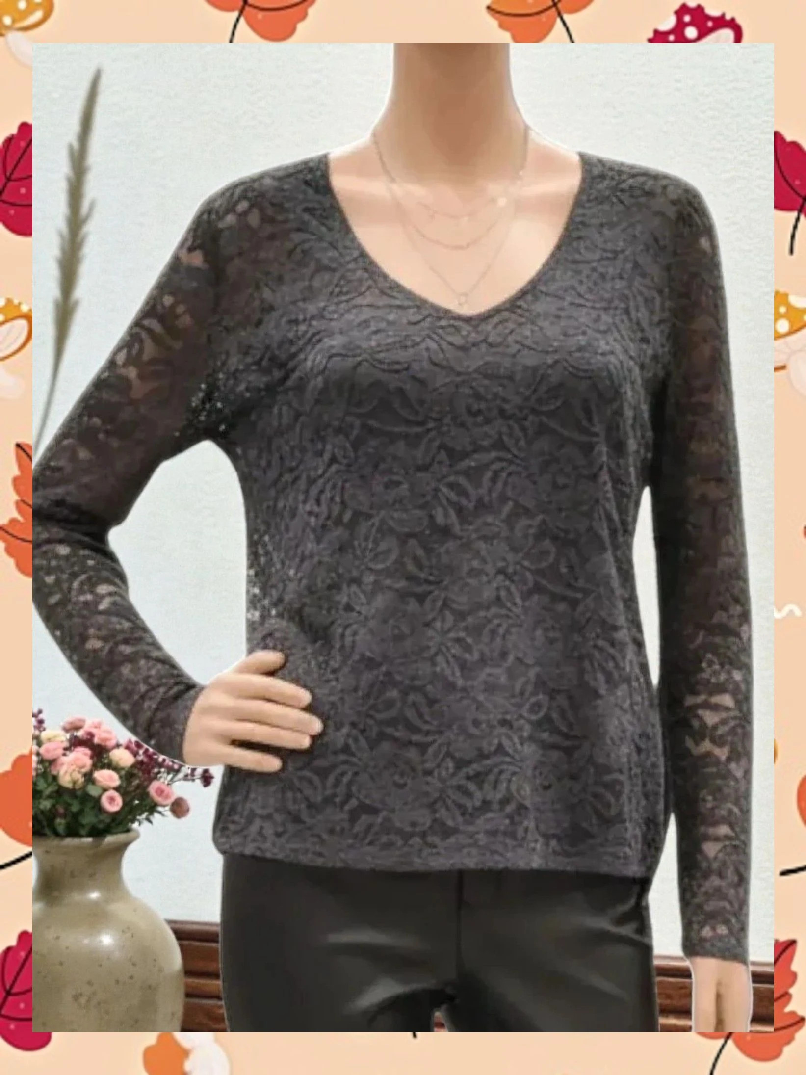 Blusa de Encaje Floral Gris Antracita - VILA - Talla S