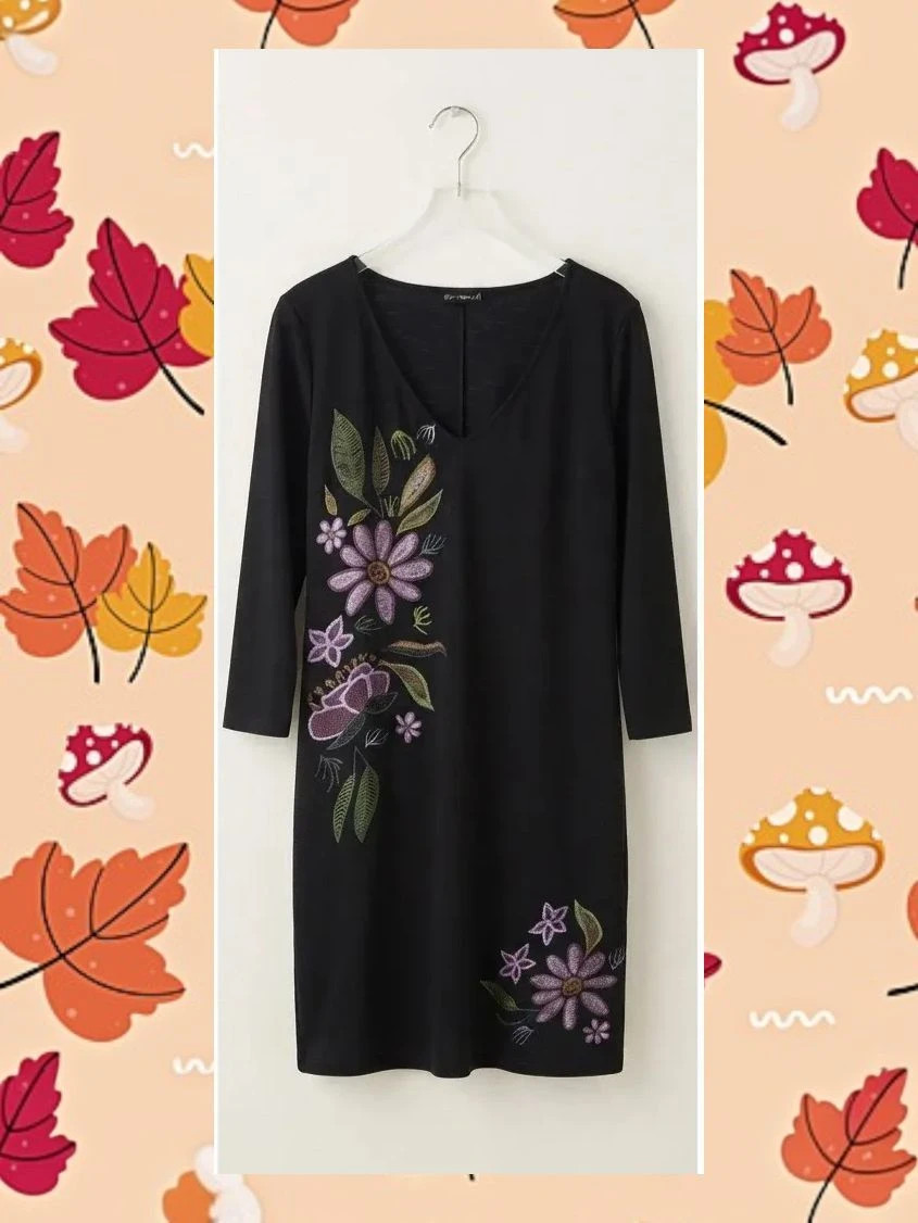 Vestido negro midi bordado flores / Encuentro M