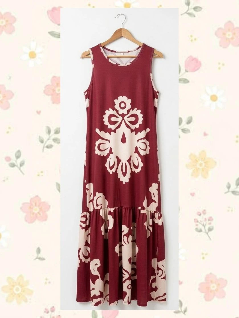 Vestido Largo Italiano Amy – Estampado Étnico Burdeos y Crema (Talla L)