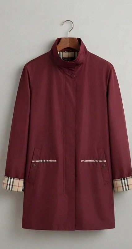 Gabardina / Trench burdeos con detalles de cuadros M – New Epoch – taille M / 38 / 10
