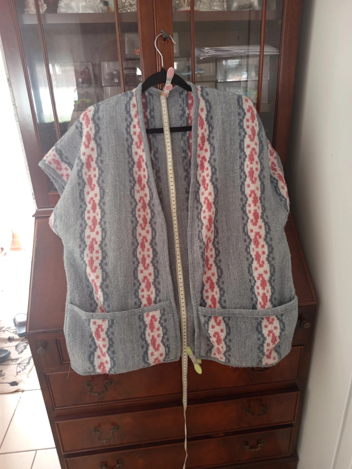 Gilet sans manches vintage style cape bohème – Maille Courtelle Gris/Rose – Vintage – taille XL / 42 / 14 3