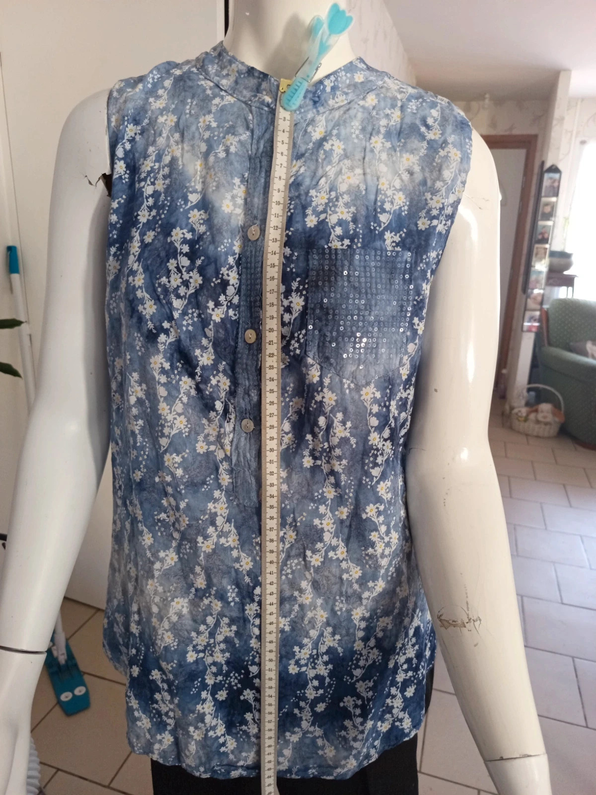 Haut fluide fleuri bleu et blanc – Style Italie – Taille L (40/42) – taille L / 40 / 12 2