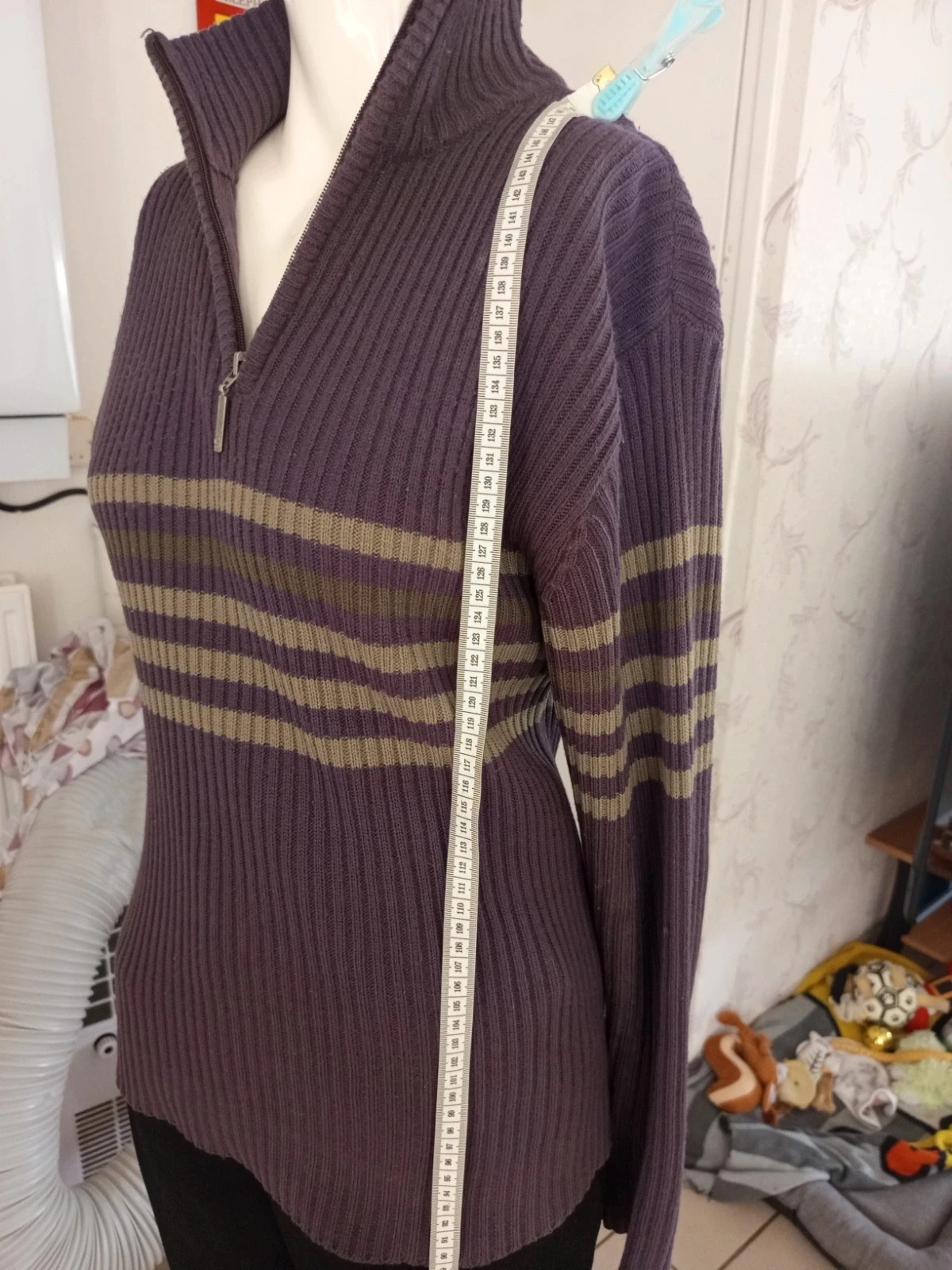 Pull col camionneur zippé vintage rayé violet et kaki - Taille36 – taille S / 36 / 8 2