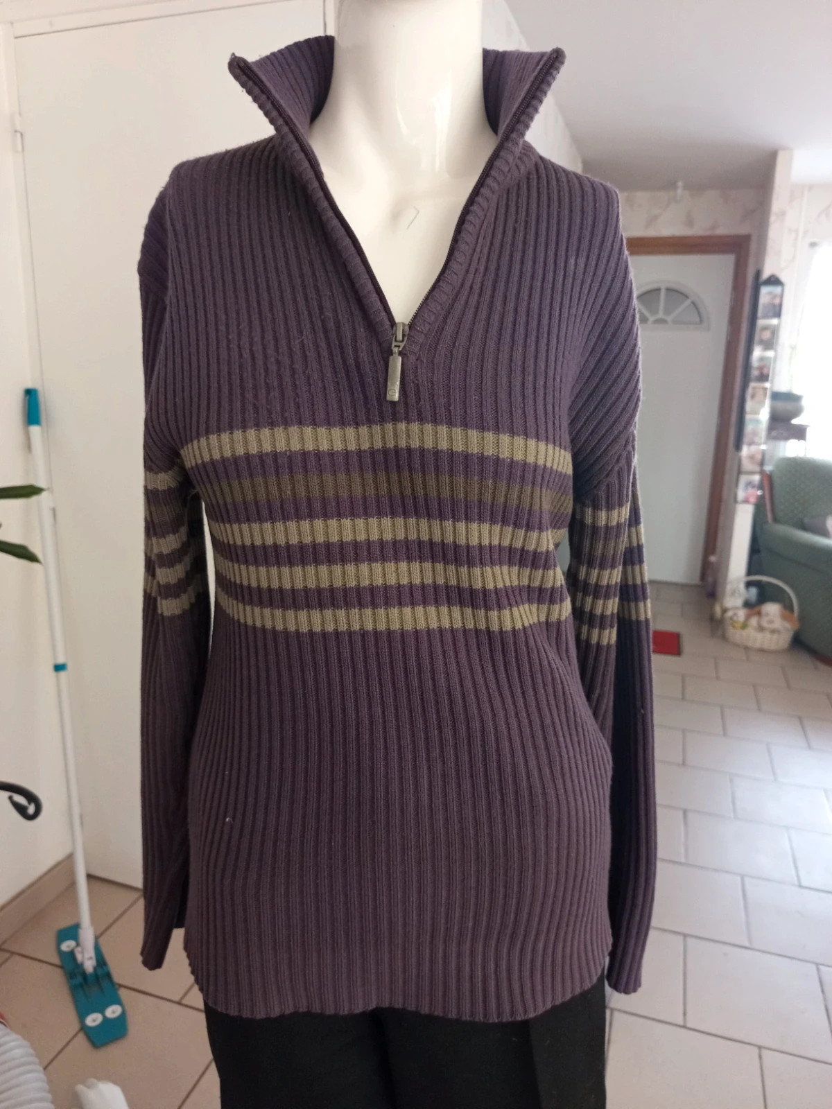 Pull col camionneur zippé vintage rayé violet et kaki - Taille36 – taille S / 36 / 8